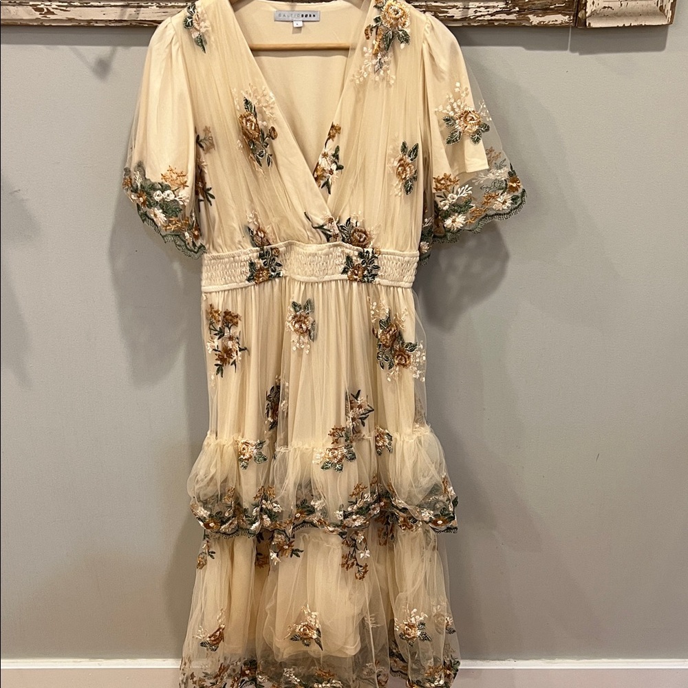 Baltic Born Cynthia Cream Embroidered Tulle Tier Midi Dress Size Large - Picture 3 of 11